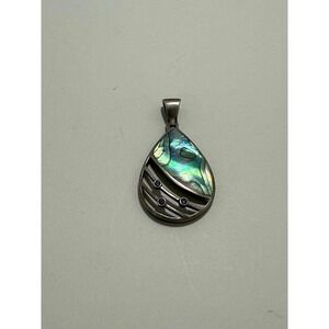 Vintage Sterling Silver Teardrop Abalone Shell Pendant with Amethyst 925